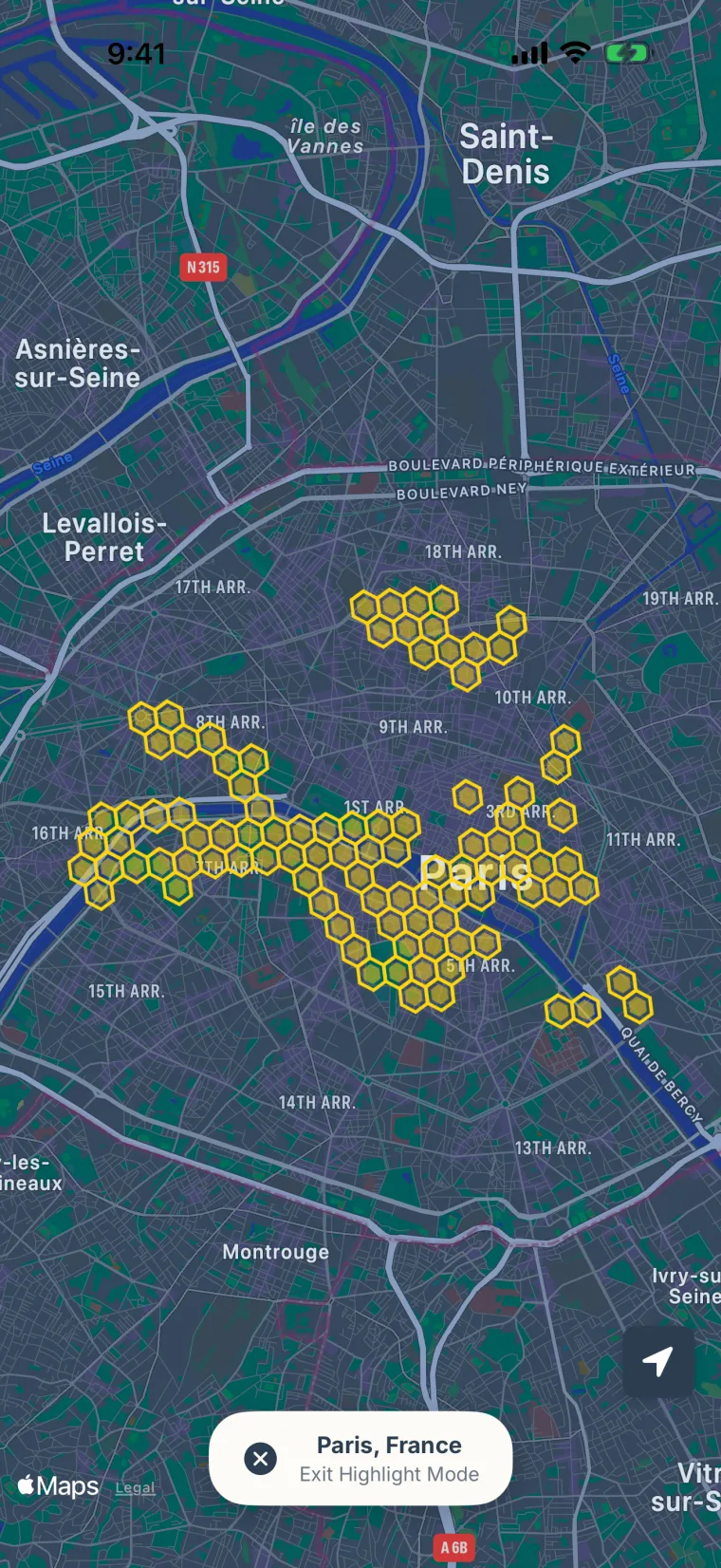 Ato map showing explored hexes across Paris
